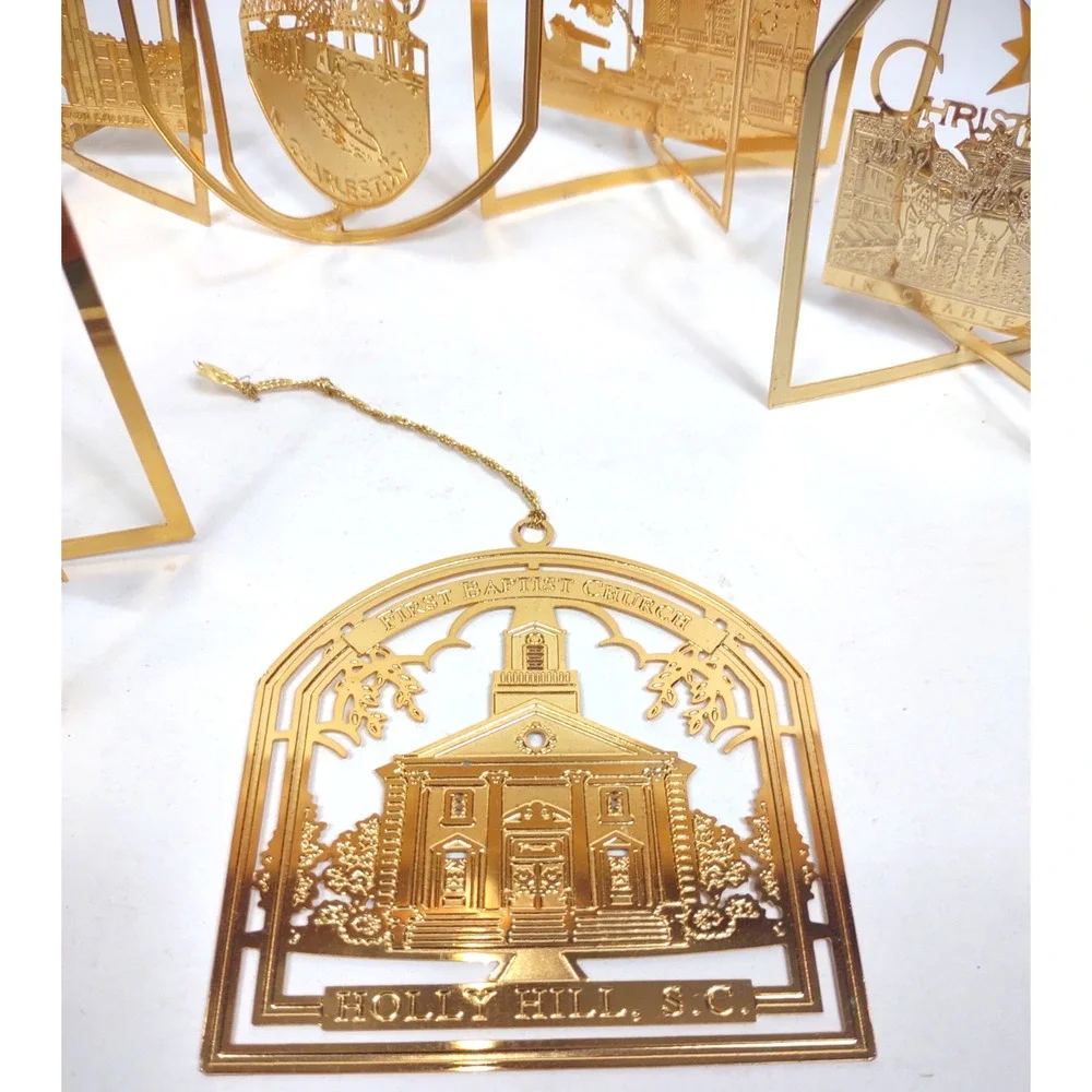 Lot of 6 VTG CHARLESTON SC Novelty 24K Gold Plate Flat Christmas Ornaments 90s